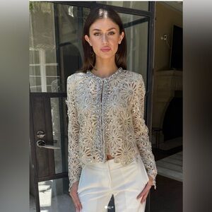 Benaar Ivana Rhinestone and Sequin Crochet Lace Cardigan Top Champagne size XL